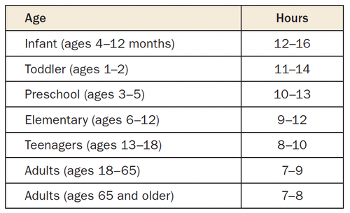 Did you know age impacts how much sleep is needed in a 24-hour period? Refer to the age groups below for the recommended number of hours.